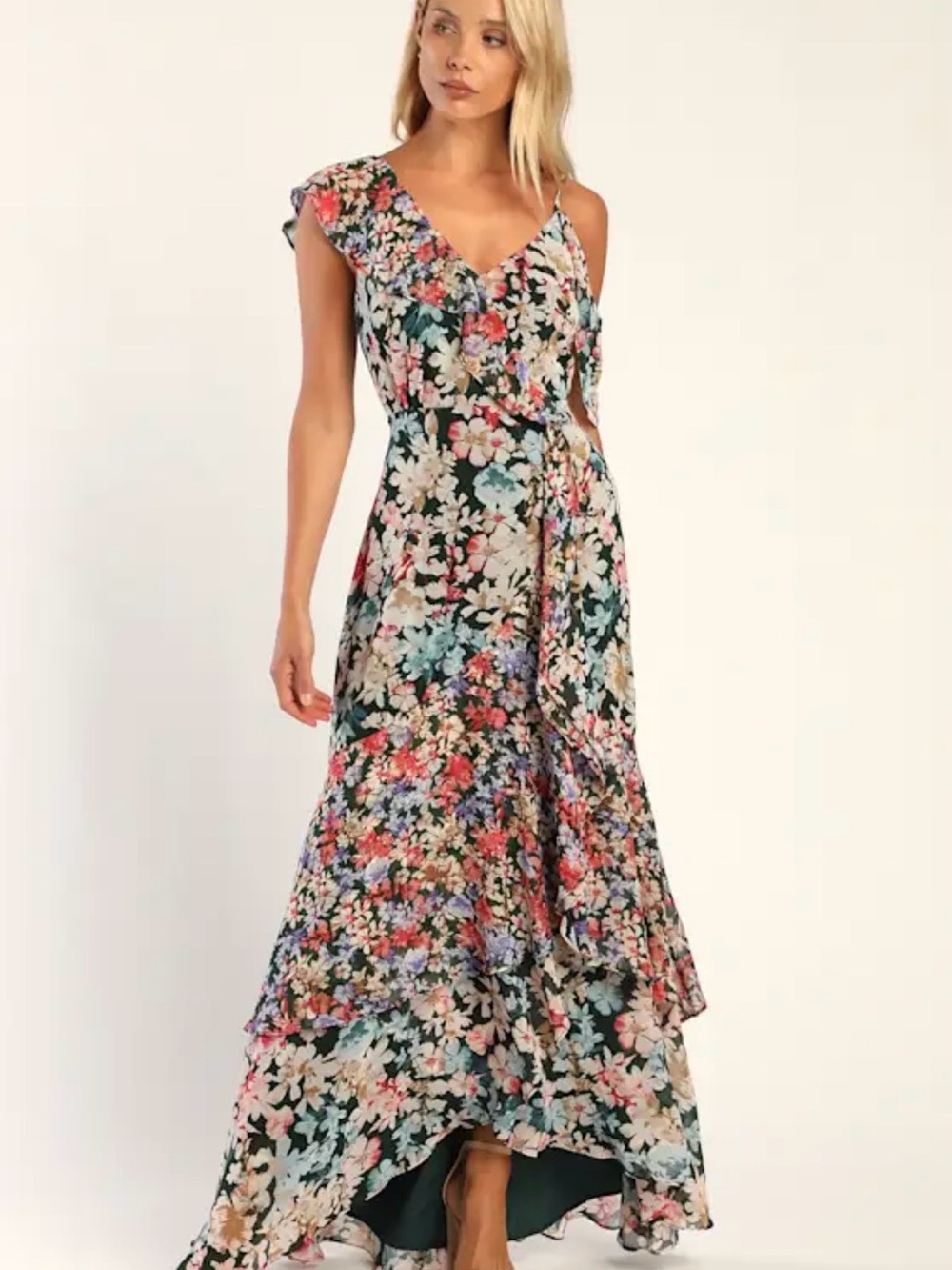 NWT Lulus Floral One Shoulder Maxi Dress Green Ruffle Wrap Hi Low Size M